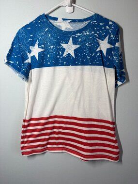 Pesion Womens Medium USA Flag Graphic Tee Patriotic Stars Short Sleeve Top